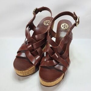 Tory Burch Ace High Platform Wedge Sienna Leather Sandals Size 11 Brown